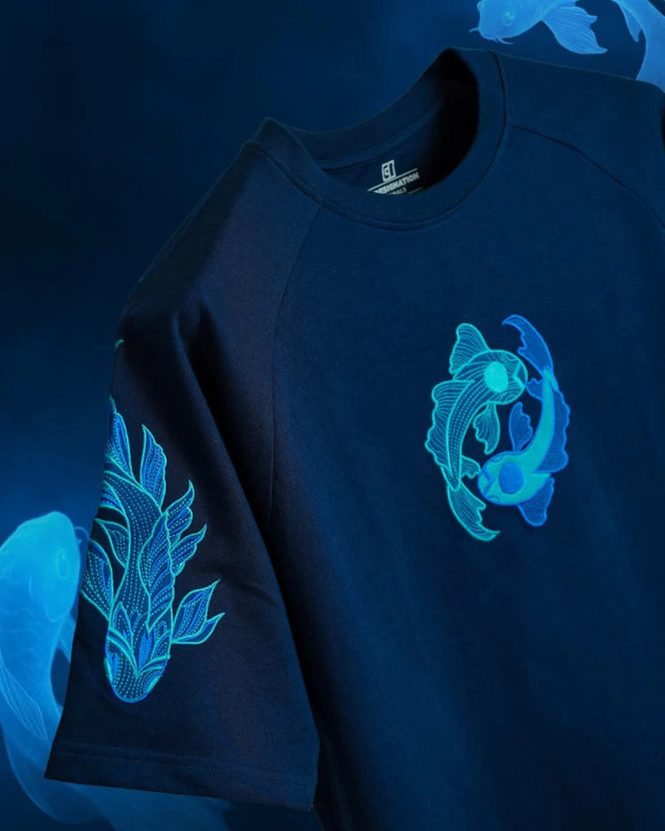 Navy Blue Koi Embroidered T-Shirt