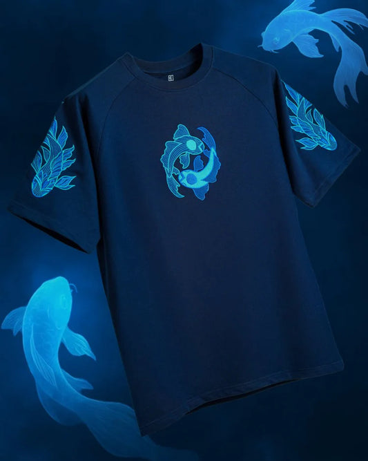 Navy Blue Koi Embroidered T-Shirt
