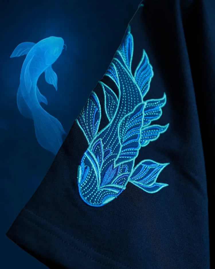 Navy Blue Koi Embroidered T-Shirt