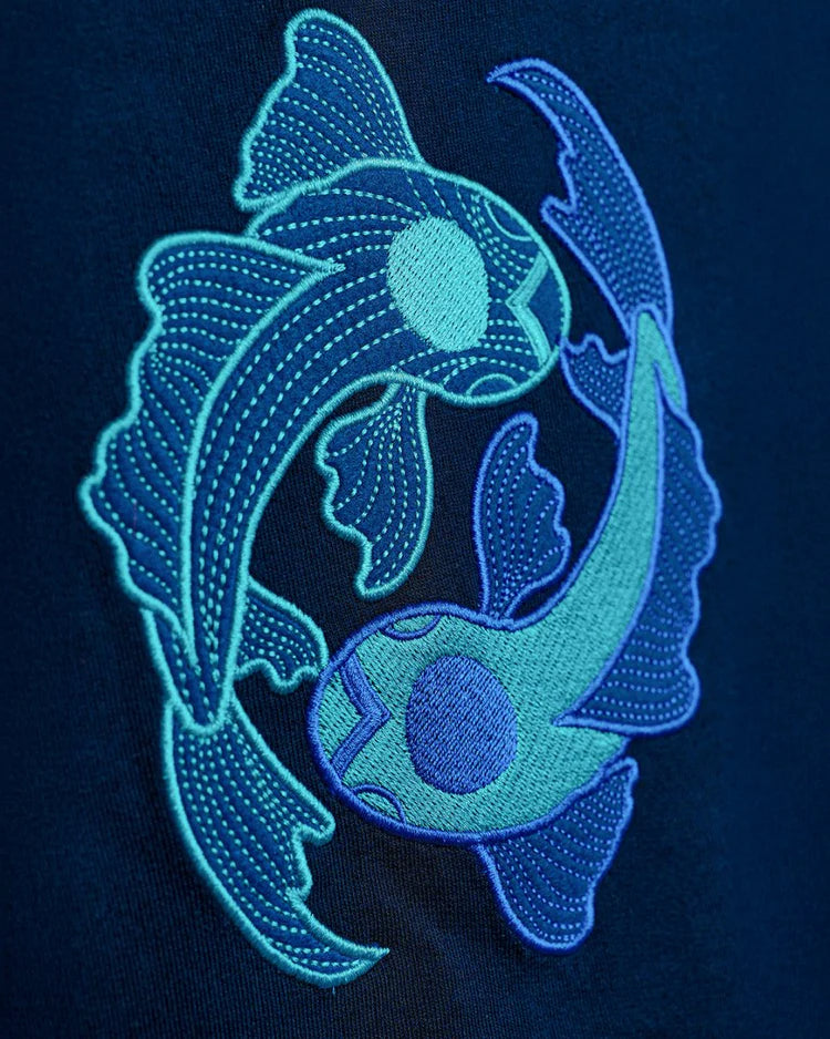 Navy Blue Koi Embroidered T-Shirt